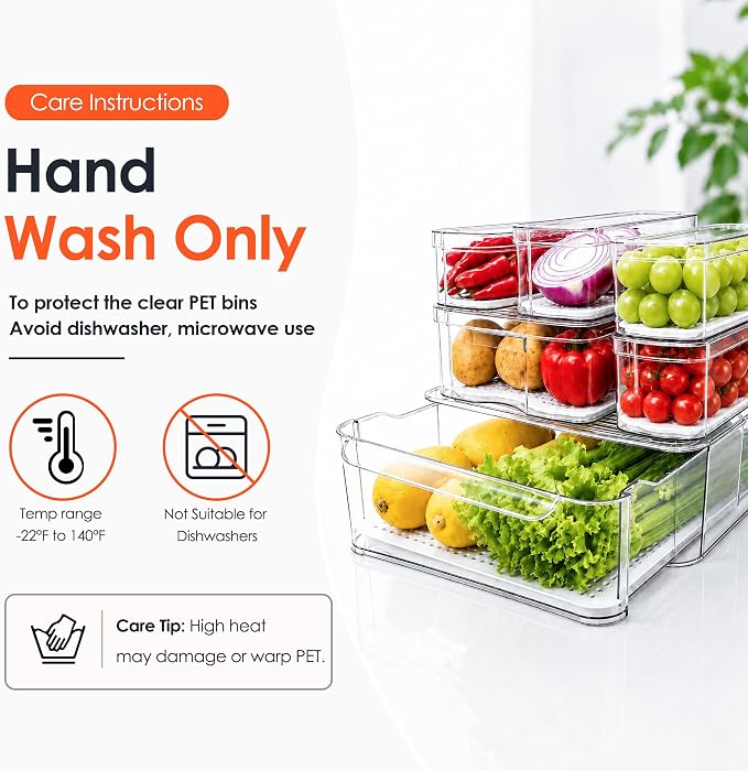 SMRCAD Clear Fridge Bins with Drain Trays - BPA-Free PET, Stackable(6 Pack) | 6 Pack: 1 Drawer + 5 lidded Bins, Helps Keep Produce Fresh, 16.3L Capacity, Hand Wash Only - Image 2
