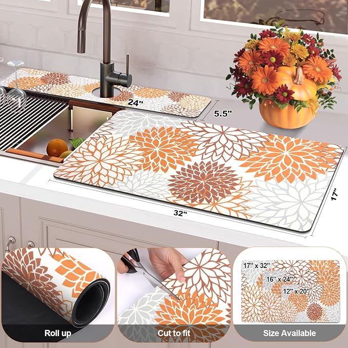 Findosom 2PCS 17" x 32" Fall Dish Drying Mat & 24" x 5.5" Sink Splash Guard, Super Absorbent & Cuttable Dish Mat Drying Kitchen Mat with Orange Floral, Hide Stain Drying Mat for Kitchen Counter - Image 2