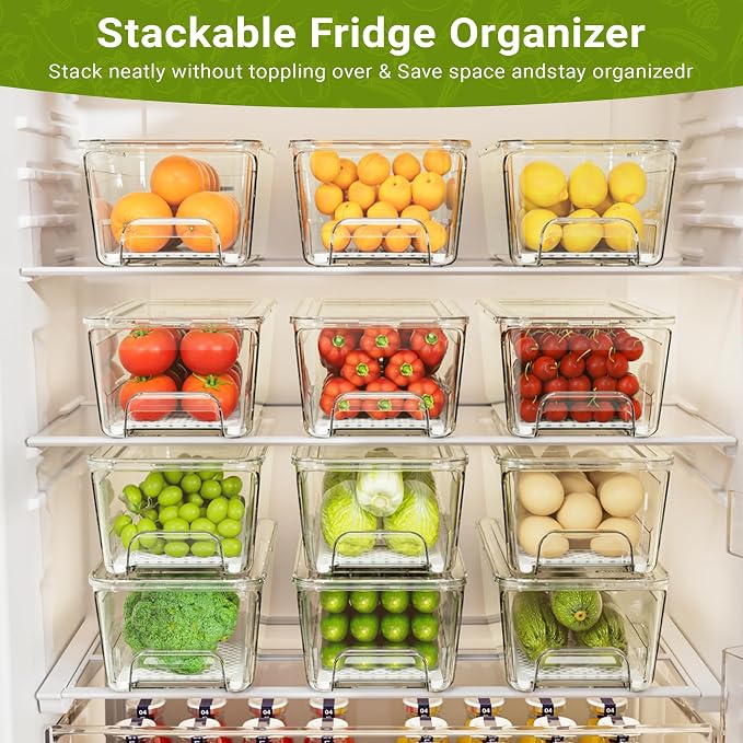 Imncya 3 Pack Fridge Organizer Bins, Refrigerator Organizers and Storage | Stackable Pull-Out, Refrigerator Drawers with Lids, Clear Design with Drain Tray, Fruits Vegetables Snack Storage Containers - Image 3