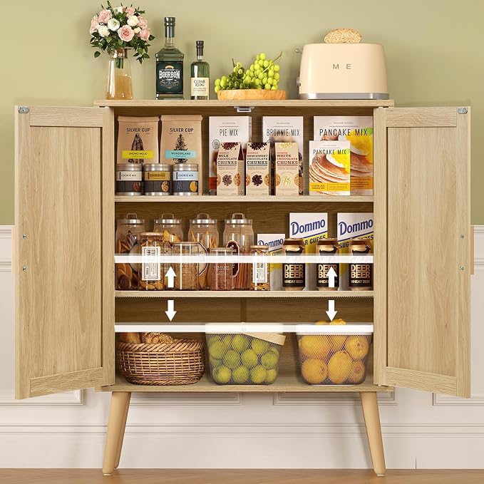 Iwell Storage Cabinet with 2 Shelves, Rattan Cabinet with 2 Doors, Sideboard Buffet Cabinets with Storage for Living Room, Dining Room, Entryway, Natural - Image 5