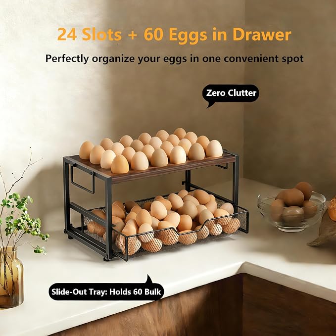 Compact 2-Tier Wooden Egg Holder with Basket, Holds 84+ Eggs | Wooden 2-tier egg holder with basket & carry handle , holds 24+60 chicken, duck & quail eggs - Image 3