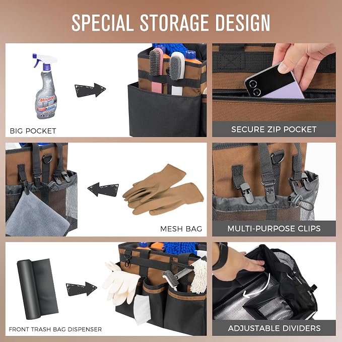 SCAVATA Wearable Cleaning Caddy, Cleaning Caddy Supplies Organizer with Handle & Shoulder Straps for Housekeepers, Under Sink & Car Cleaning Tool Organizers Bag with 4 Foldable Divider (Brown) - Image 2