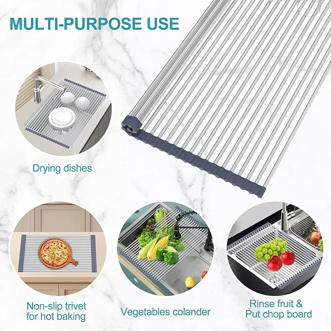 BBXTYLY Extra Large Expandable Roll Up Dish Drying Rack,Over The Sink Drying Rack Sink Cover Kitchen Sink Accessories Kitchen Rolling up Stainless Steel Drainer, Foldable,Rollable（Gray，22.8''-12.4''） - Image 5