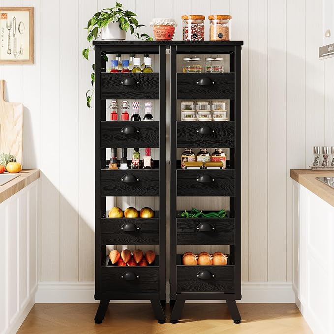 Tribesigns Black Wood Fruit and Vegetable Storage Rack, 5-Tier Narrow Snack Stand Kitchen Stand Fruit Basket, Pull-Out Utility Organizer for Kitchen, Living Room - Image 8