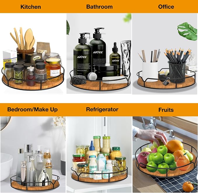 Lazy Susan Turntable Organizer for Cabinet Pantry Kitchen Countertop Refrigerator Cupboard, Pine Wood, 9", Carbonized Black - Image 4