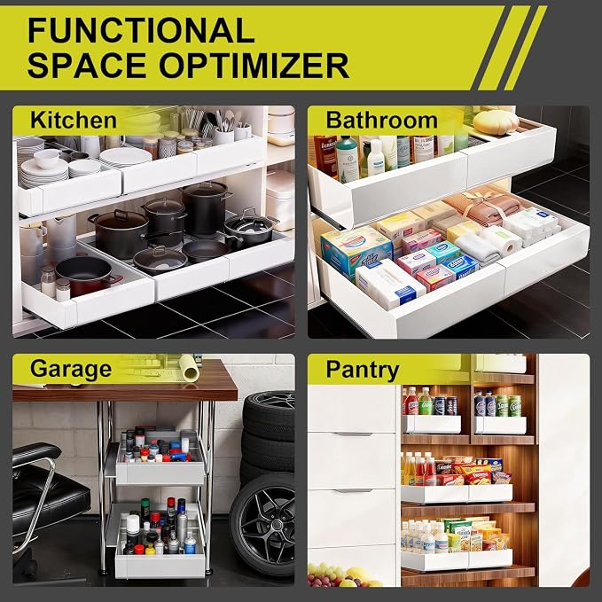 21" Deep Pull Out Cabinet Organizer, 12-22 Inch Expandable Drawer, 2 Pack | Basket adjusts 12"-22" wide; designed for cabinet interiors over 13" wide and 21" deep. 3 rails pull out up to 12". - Image 7