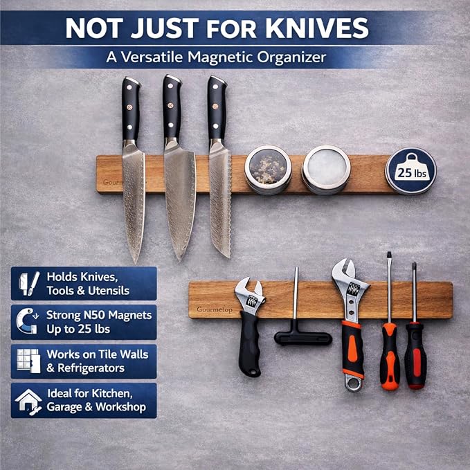 Magnetic Knife Holder for Wall 16”, Acacia Wood, No Drill Fridge | Strong Dual-Row Magnet Holds 9 Knives & Heavy Cleaver, 3M Adhesive Tape & Screw Mount, Kitchen Knife & Utensil Organizer - Image 7