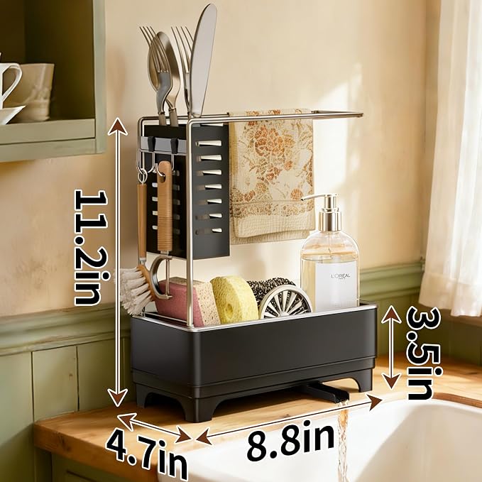 MOUKABAL 2-Tier Sponge Holder for Kitchen Sink, Sink Caddy Organizer Black | Large Capacity/Stainless Steel/Drain Holes Keep Items Dry/Holds Brush & Dishcloth/Side Hooks/Kitchen Counter Organizer - Image 2