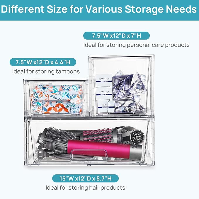 Vtopmart Clear Stackable Storage Drawers, 7 Pack Multi Size Set | Wide, Medium and Small Pull-Out PET Drawers for Flexible Organization, Stackable Storage for Cabinets, Closets, Pantry - Image 7