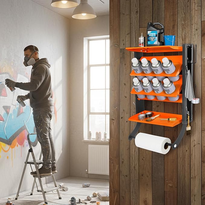 Sidasu Spray Can Holder, 2-Tier Spray Paint Organizer With Paper Towel Rod | 8-Can Capacity, Wall-Mounted, Heavy Duty, Powder-Coated Finish, Storage Rack For Garages and Workshops - Image 3