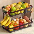 2-Tier Fruit Basket with Banana Hangers, Detachable Metal Bowl | Wooden handle, protective mats included. Versatile holder for bread, snacks, and veggies. Extra Large 2 tier metal design. by Sevenblue