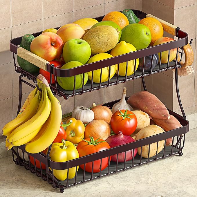 2-Tier Fruit Basket with Banana Hangers, Detachable Metal Bowl | Wooden handle, protective mats included. Versatile holder for bread, snacks, and veggies. Extra Large 2 tier metal design. by Sevenblue