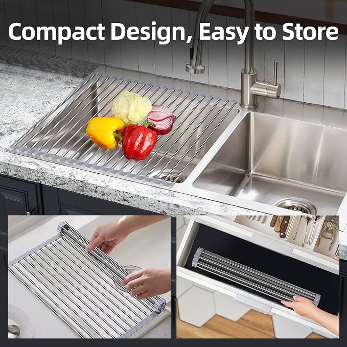 Over Sink Dish Drying Rack, 17" L x 11.8" W, Roll Up Dish Drying Rack for Kitchen, Gray - Image 2