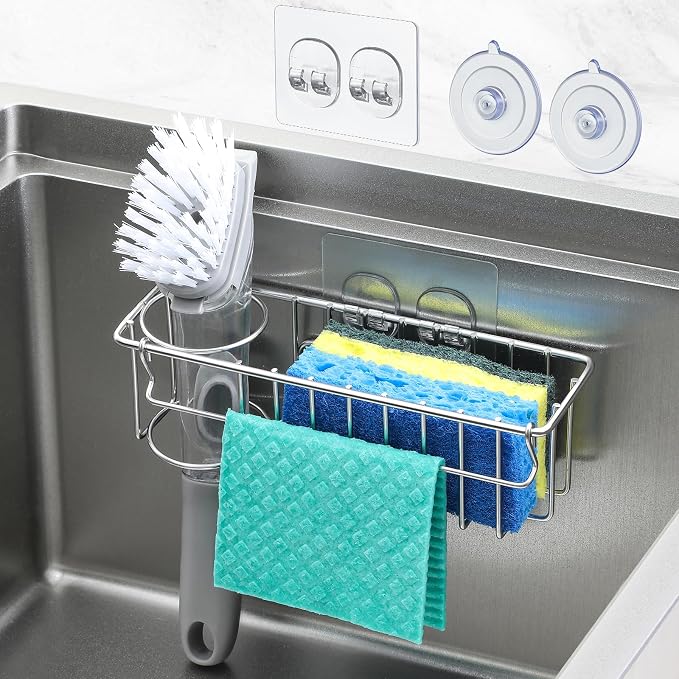 3-In-1 Sponge Holder for Kitchen Sink with Suction Cups & Adhesive Hook , In-sink Sponge Holder, Wall Hanging Sink Caddy Organizer Rack - Sponge, Dish Cloth, Brush, Scrubber - 304 Stainless Steel by MakeLifeBetterEasier