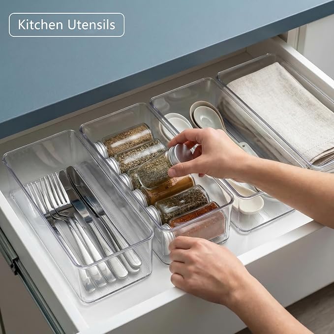 Qilinba 8 PACK Drawer Organizers Deep Drawer Organizer Bins | Clear Silverware Organizer, Stackable Storage Bins for Bathroom, Pantry, Office, Vanity, Desk - Image 6