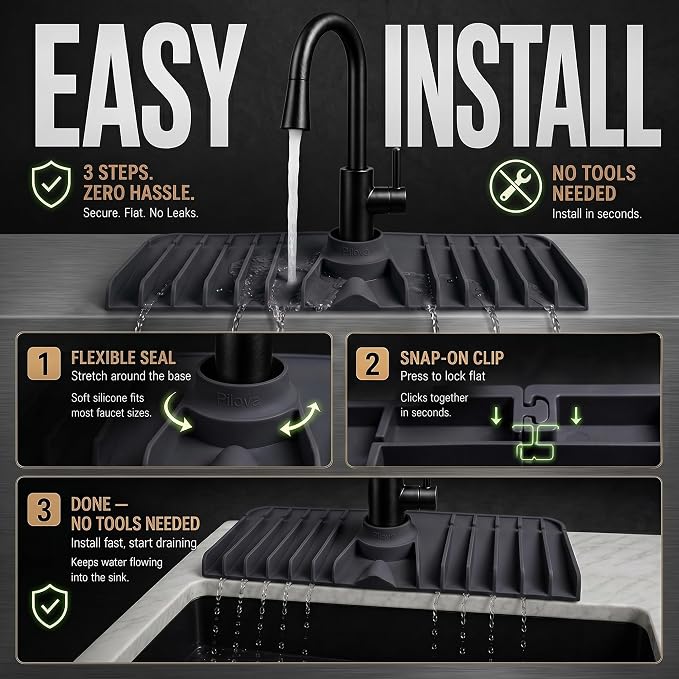 Premium Kitchen Sink Splash Guard – 16" x 5.7" Silicone Faucet Mat with Secure Pressure Clip, True 10° 3D Drainage(No Pooling), Anti-Lift Design, Flexible Leak-Sealing Ring, Non-Slip Fit Behind Faucet - Image 2