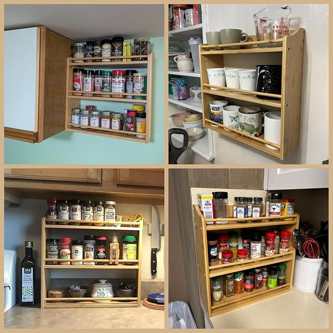 3 Tier Bamboo Spice Rack Wall Mount or Countertop,Spice Organizer | Seasoning Jars Rack Spice Shelf Organizer for Kitchen Counter or Wall Mounting - Image 6