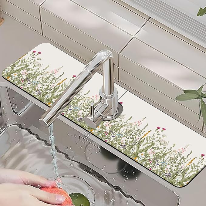 Faucet Mat for Kitchen Sink Watercolor Floral Herbs Sink Splash Guard Behind Faucet Soft Diatom Mud Material Non-slip Easy to Clean for Bathroom & Kitchen 24"X5.5" - Image 6