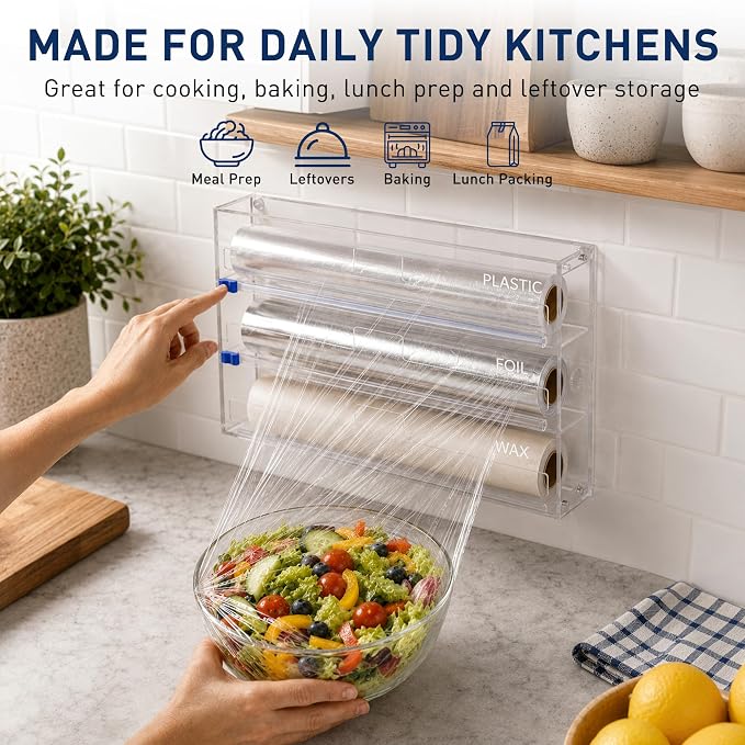 3 In 1 Acrylic Aluminum Foil, Plastic Wrap Organizer with Cutter | Clear Kitchen Storage for Wax Paper Dispenser Holder, For Drawer or Wall Mount, Fits 12 Inch Roll - Image 7