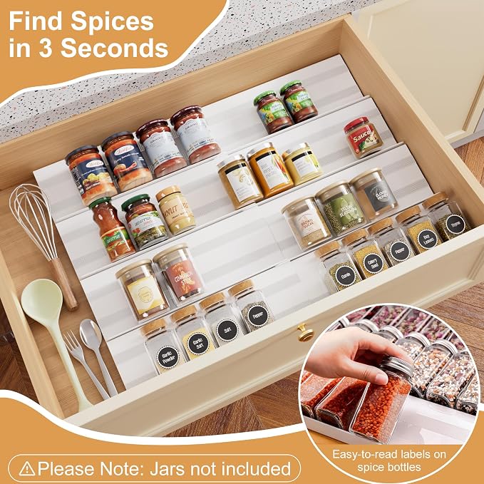 8-Pack Spice Drawer Organizer, 4 Tier Acrylic Spices Rack Tray for Cabinet | Expandable from 13" to 26", with Anti-Slip Mat, Kitchen Seasoning Storage Insert (Jars Not Included) - Image 4
