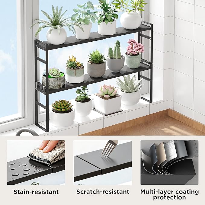 2 Tier Expandable Stackable Narrow Shelf Organizer, Black | Tall Countertop Organizer for Tight Spaces, Windowsill Plant Stand, Over-Sink/Faucet Shelf, Kitchen Counter Storage - Image 7