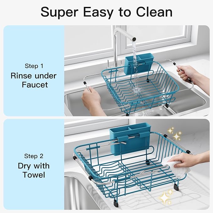 JASIWAY Blue Dish Drying Rack in Sink with Utensil Holder, RV, Apartment | Over Sink Expandable Stainless Steel Dish Drainers for Compact Kitchen, Space Saving, Fast Drain, Rustproof, For 1-2 people - Image 9