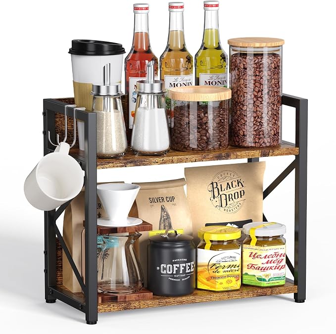 RUILALIFE Coffee-Bar-Station-Organizer Shelf for Countertop, 2 Tiers Kitchen Counter Shelf Riser, Wooden Spice Rack Organizer, Coffee Bar Accessories(Rustic Brown, Large) by RUILALIFE