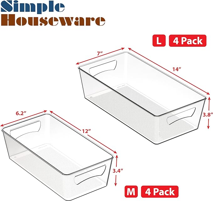Simple Houseware Pantry Bins Storage Organizer, 8 Packs, (4M/4L) | Large 14 x 7 x 3.75 in. | Medium 12 x 6.2 x 3.4 in. - Image 2