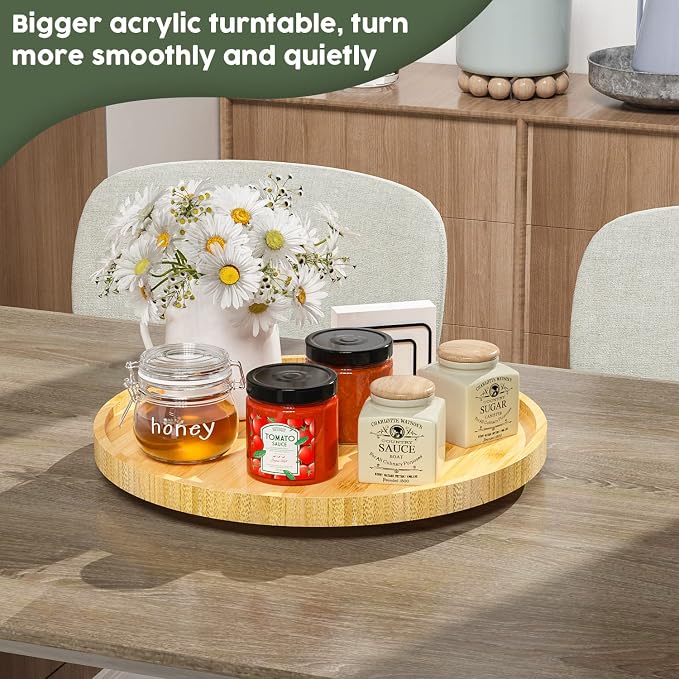 Lazy Susan Organizer, 13.2 Inch Non-Skid Bamboo Turntable | Kitchen Table Cabinets Closets and Kitchen Islands, Wood Turntable for Kitchen Countertop Organizer - Image 3