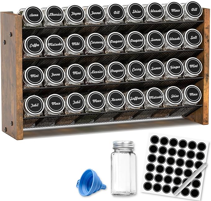 Spice Rack Organizer with 36 Glass Jars, for Cabinet Wall Mount Countertop | 4-Tier Seasoning Organizer with Labels, Chalk Marker & Funnel for Pantry, Kitchen Storage, Wood, 17.2 in W x 9.4 in H by NESAPTO