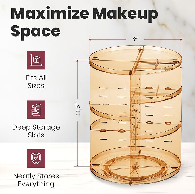 Masirs 360 Rotating Makeup Organizer Countertop, Adjustable Shelf, Brown | 360-Degree Rotating Makeup Organizer, Adjustable Shelf Height, Cosmetic Perfume Skincare Storage, Vanity Countertop, Brown - Image 2