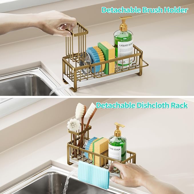 HapiRm Sponge Holder for Kitchen Sink - Self-draining Sink Caddy with Brush and Dishcloth Holders, Stainless Steel Kitchen Countertop Organizers and Storage Essentials - Dark Gold - Image 3