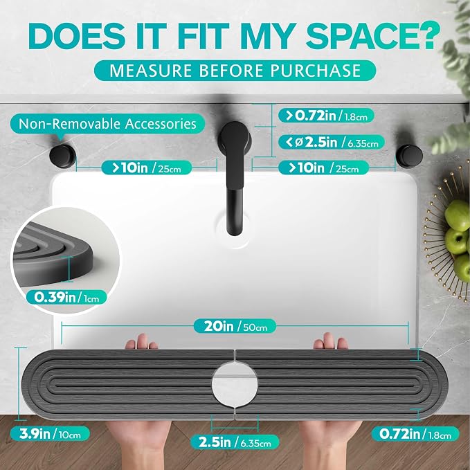 Stone Faucet Mat for Kitchen Sink – Diatomite Fast-Drying Stone Tray, Faucet Mat Sink Splash Guard, Decorative Sink Protector for Kitchen Bathroom Counter (Dark Grey, 20''x3.9'') - Image 2