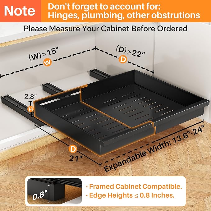 Pull out Cabinet Organizer, 4-Pack Expandable(13.6"-24") Silde out Drawers with Raising Pad for Framed Cabinets, Adjustable Full-Extension Roll out Shelves for Kitchen Pantry Home Pot and Pan(Black) - Image 3