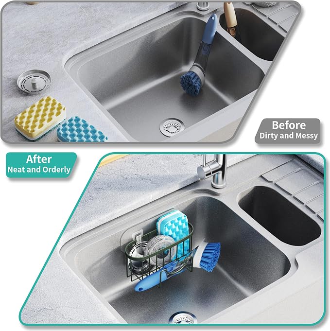 HapiRm Sponge Holder for Kitchen Sink - Sink Caddy with Unique M-Shaped, 2 Installation Methods Kitchen Organizer, Rustproof Stainless Steel Sponge Caddy - Green - Image 7