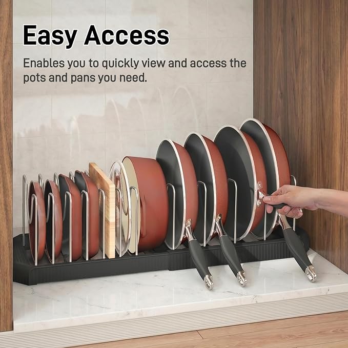 Expandable Pan Organizers Inside Cabinet with 12 Dividers Black | Extends 12.9-21.9", Holds cookie sheets, cutting boards, pot lids and pans, iron dividers, plastic base, under cabinet rack - Image 7