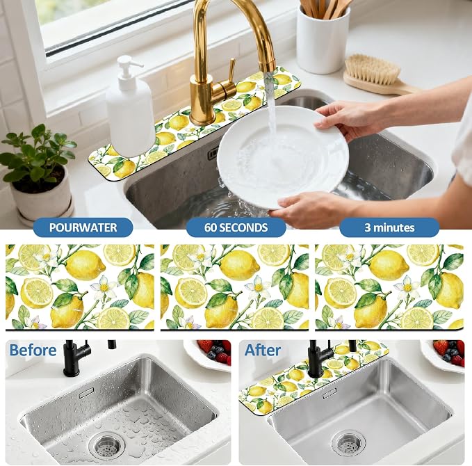 2 Pcs Kitchen Sink Splash Guard Faucet Mat Lemon Pattern Faucet Mat for Sinks Fruit Absorbing Drying Mat for Kitchen Bathroom, 23.6x5.5inch - Image 5