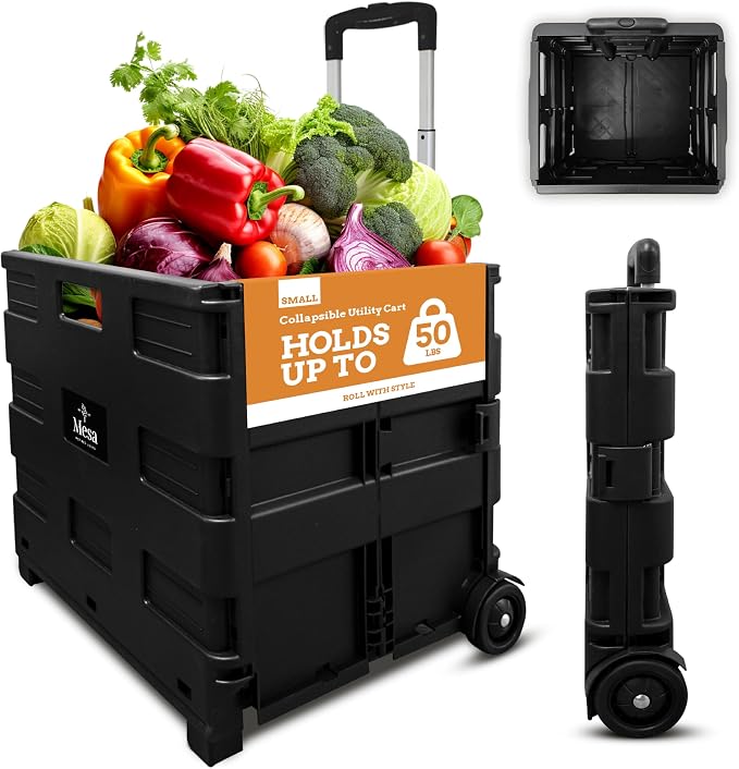 Inspired Living Ultra-Slim Rolling Collapsible Storage Pack-N-Roll Utility-carts, with Telescopic Handle, for Home, Garden, Shopping, Office, School use, Medium, Black by Inspired+Living