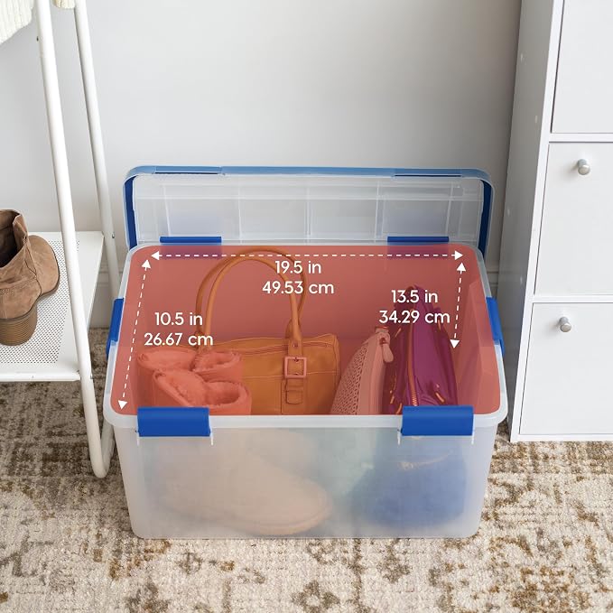 IRIS USA 3-Pack 60 Qt Storage Bins with Gasket Lids, Clear/Blue | WeatherPro seal helps protect bulky items for moving, garage, attic and basement storage - Image 3