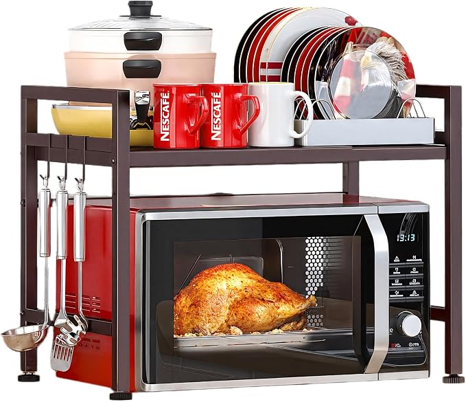 PUSDON Expandable Microwave Oven Rack, 2-Tier Countertop Baker's Rack Style Shelf, Heavy Duty Stand with 3 Hooks, 160lbs Capacity Rustic Farmhouse Decor, Vintage Bronze by PUSDON