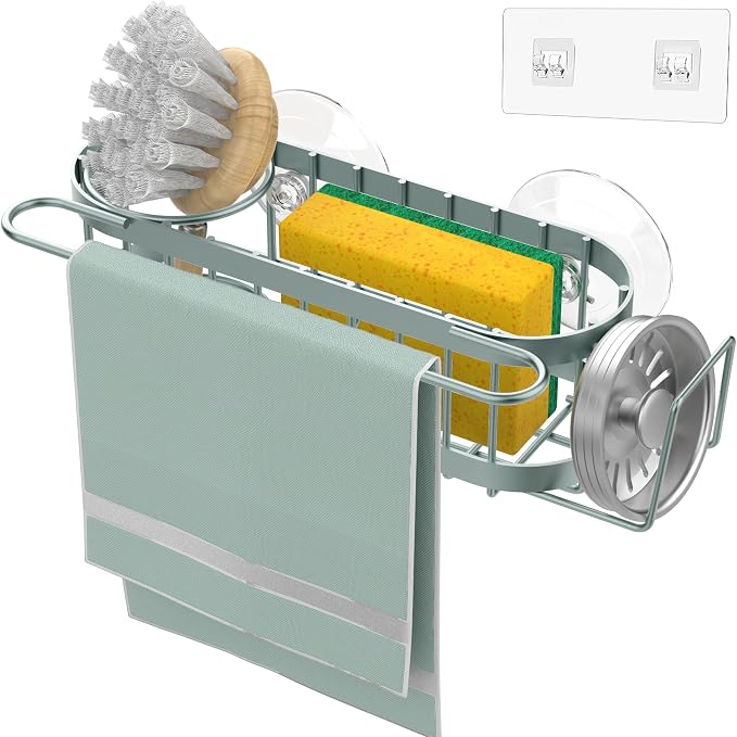 Cisily Kitchen Sink Caddy Sponge Holder in The Sink, Stainless Steel Kitchen Sink Organizer, Brush Holder, Dish Cloth Hanger, Sink Stopper Holder (Suction cup-Sage Green) - Image 2