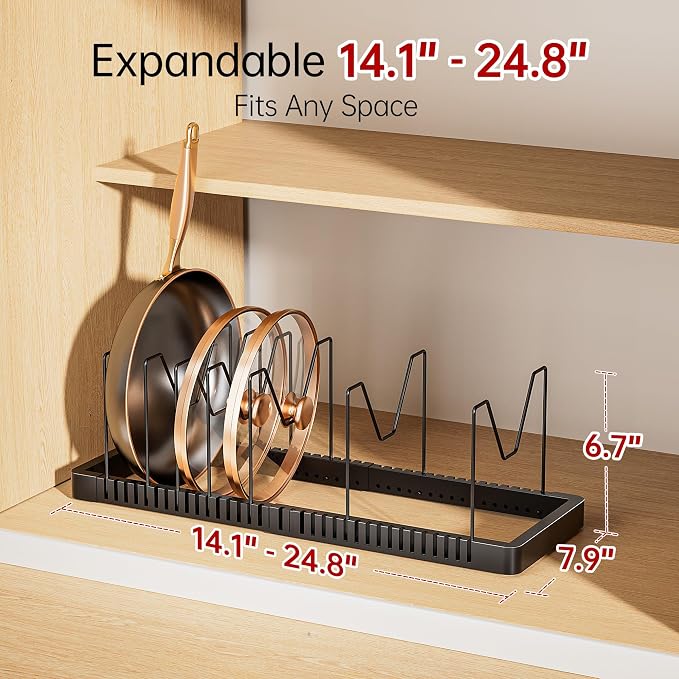 Expandable Pot and Pan Organizer with 10 Adjustable Dividers | Solid Metal Under‑Cabinet Pot Lid Organizer 14.1''‑24.8'', Lid Organizers Inside Cabinet, Fits Bakeware & Cookie Sheets - Image 2