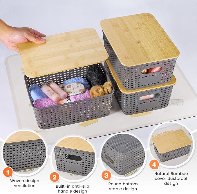 Ohmlove 6 Pack Plastic Storage Baskets with Bamboo Lids for Organization | Stackable Storage bins, Storages Baskets for Organizing Shelves Drawers Desktop Closet Playroom Classroom Office,Gray - Image 3
