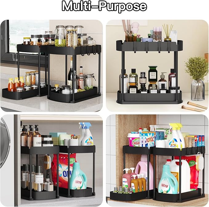 2 Packs Under Sink Pull-Out Storage Organizers, 12.8 Inches, Black | Multi-Purpose Cabinet Organizers and Storage for Bathroom & Kitchen - Image 6