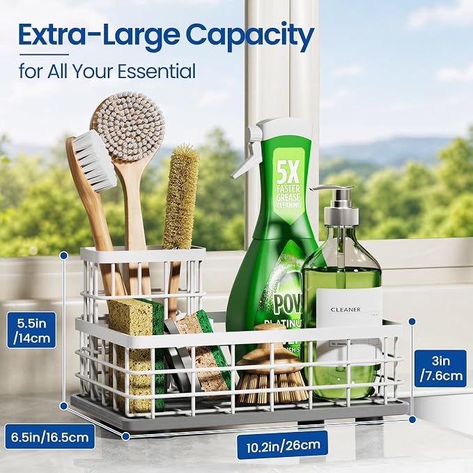 Kitchen Sink Organizer, Large Sink Caddy with Sponge Holder & Diatomite Mat | Cleaning Supplies in One Place, Kitchen Countertop Organizer, Home Essentials, Brush Holder, Quick Dry Tray, Fewer Puddles - Image 2