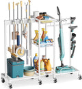Broom Holder with Cleaning Supplies Organizer, Broom Closet Storage Cabinet with Cleaning Caddy Vacuum Stand, Cleaning Cart with Mop Hanger Gripper Rack Hook, Laundry Room Organization Home Essentials by Olakee