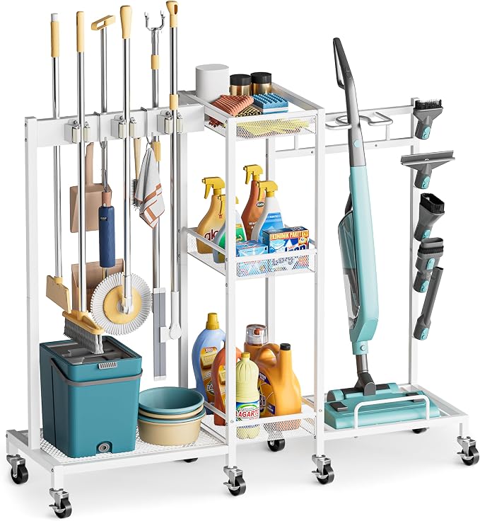 Broom Holder with Cleaning Supplies Organizer, Broom Closet Storage Cabinet with Cleaning Caddy Vacuum Stand, Cleaning Cart with Mop Hanger Gripper Rack Hook, Laundry Room Organization Home Essentials by Olakee