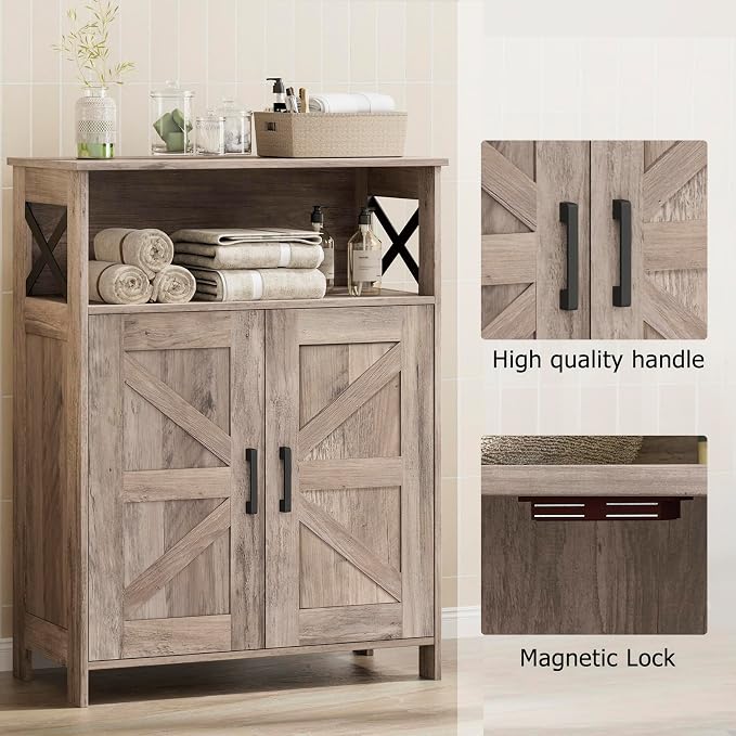 Homhedy Farmhouse Bathroom Storage Cabinet with Doors, Small Floor Cabinet | Toilet Paper Cabinet with Adjustable Shelf, Freestanding Storage Cabinet for Kitchen/Laundry/Living Room, 24"W, Greige - Image 5