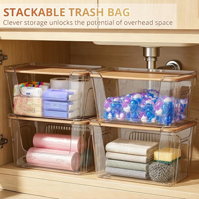 CANTAMI Plastic Trash Bag Dispenser with Lids, Stackable, 4Pack, 4XL | Clear Trash Bag Organizer for Kitchen, Laundry Room, Under Sink Organization and Storage - Image 3