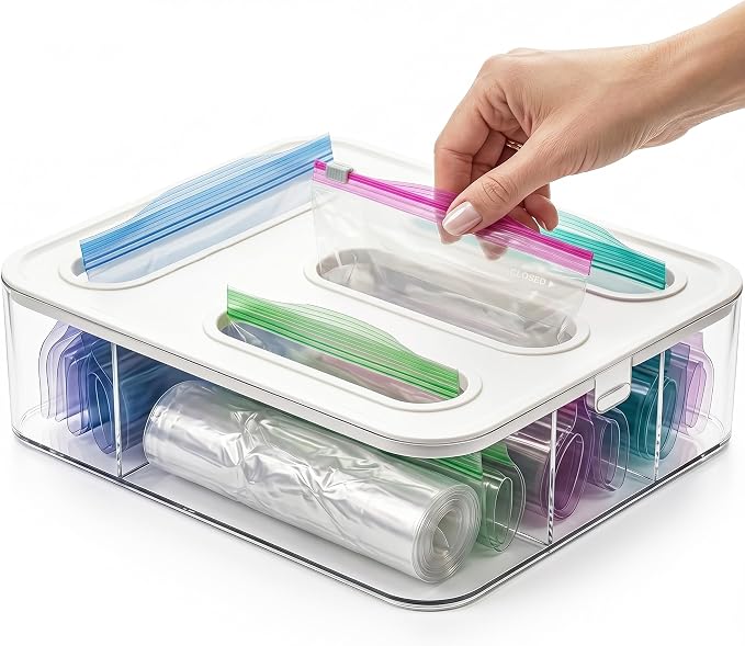 Bag Storage Organizer for Kitchen Drawer, Plastic Bag Container Holder | Quickly & Easily Stores Gallon, Quart, Sandwich, Snack | Space Saving Kitchen Organizer & Baggie Dispenser by Unknown